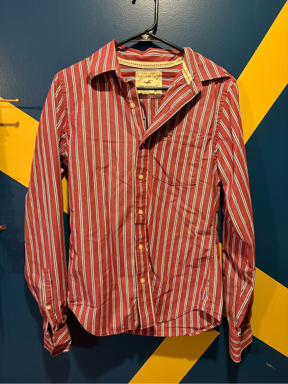 Vintage Hollister Brick Red, Blue & White Stripe Button Down Shirt EUC